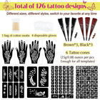 126 Pcs Temporary Tattoos Stencils Kit temporary Tattoos Kit - 6 Pcs 2 Color bro