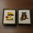 Retro 70s Pair Orig  Green Frame Mushroom   Owl Crewel Art 9 X 11 Vintage Mcm