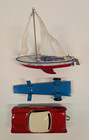 Vintage Rosko Tin Toy Friction Powered Car With Sailboat   Trailer In Box Japan