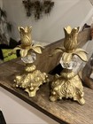Pair Antique Hollywood Regency Style Ornate Gold Cast Brass Candlestick Holders