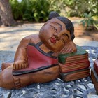 Vtg Good Luck Asian Hand Carved Solid Wood Large Boy   Girl Sleeping Books