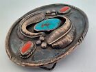Vintage Native American Navajo Signed Turquoise Coral Sterling Belt Buckle 108gr