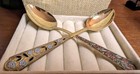 Vintage Soviet Russian 875 Silver Enamel Tea Spoons Pair Vermeil Gilt Bowls