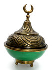Arabic Islamic Ottoman Turkish Crescent Moon Brass Green Enamel Covered Dish Vtg