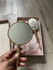 Vintage Vanity Set Gold Floral Needlework Brass Hand Mirror Brush Comb Usa