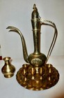 Lot 9 Assorted Brass Items - Tray  6 Small Cups  Small Vase   Ornate Aftaba Ewer