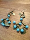 Vintage Boho Dangle Earrings Blue Beads Brass Tone Geometric Ethnic Style 8cm