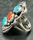 Vintage Navajo Sterling Silver Turquoise   Coral  Ring  Sz  7  3 Stones   photos