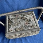 Vintage Tapestry Top Sewing Basket Gray W various Small Spools Of Thread Inside