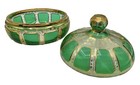 Antique Moser Glass Lidded Dish Box Bowl Cabochon Emerald Green Gold Cut Clear