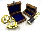 Set Of 2 Brass Sundial Compass With Mini Telescope Wood Box Combo Pack
