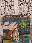 Antique Pictoral Scenic Glass Beaded Purse W Jewel Trimmed Frame   Fringe Bottom
