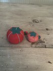 2 Vintage Pin Cushions Red Tomato Sewing Needle Holders With Emery Strawberry