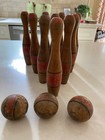 Vintage Wooden Toy Ten Pins Bowling Set With 3 Balls And Wooden Box
