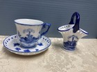 Vtg Hand Painted Delft Blue   White Windmill Mini Tea Cup  Basket Otsholland