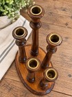 Vintage Wooden 5 Arm Candelabra Candle Holder Brass Inserts 12    Tall Nice 