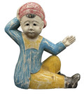 Antique Carved Wood Painted Central European Boy Sitting Statue