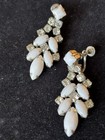 Milk Glass   Rhinestones Dangle Earrings Vintage Screw-on Silver Toned