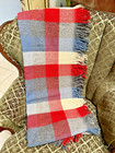Faribo Plaid Tartan Red Blue White Pure Wool Fringe Lap Throw Blanket 49x57 