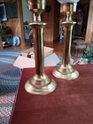 Pair Of 18  Tall Brass Candle Holders With Glass Hurricane Shades Vtg  2876 