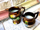 Antique English Two Copper Lusterware Pasteral Creamers Relief Details 19thc