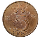 Netherlands 5-cents Coin  1974  Km  181- Bronze -queen Juliana-   free Shipping 