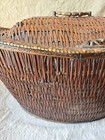 Vintage Large Wooden Wicker Woven Storage Decor Basket Metal Handle Hinged Lid