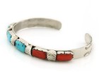 Zuni Cuff Bracelet Sterling Silver Coral   Turquoise Artist Signed A Penketewa