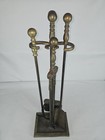 Vintage Brass Fireplace Tool Set Antique 5 Pc Ball Top Finial Heavy Cast Iron