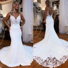 V Neck Mermaid Wedding Dresses Lace Appliques Backless Sweep Train Bridal Gowns