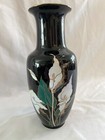 Vintage Black Ceramic Vase With White Lily Flowers And Gold Details Japan