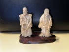 Vintage 2 Hand Carved Asian Statues On A Wood Base