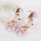 Original Lolita Pink Bow Heels Handmade Bridal Party Shoes With Ruffles   Pearls