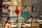 Stained Glass Abstract Panel  Beveled Tiffany Style Window -  21 By 12 Inches