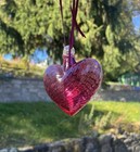 Hand Blown Art Glass Heart Ornament Witch Friendship Ball Magenta Window Decor 