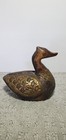 Vintage Hand-carved Wooden Duck Figurine Featuring Ornate  Hammered Brass