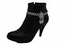 Women Western Boot Bracelet Silver Metal Chain Turquoise Shoe Feather Charm