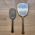 Vintage Hand Held Vanity Beveled Gold Tone Mirror   Brush Set Blue And Gold