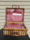 Vintage Elizabeth Arden Wicker Picnic Basket Dish Set Woven Rattan Red Retro Vtg