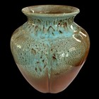 Vintage Mcm Large Fluted Pottery Urn Drip Glaze Teal And Rust Melon Vase 11   