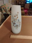 Glass Vase Frosted White Glass With Blue And Mauve Flowers Vintage Vtg Boho