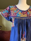Vtg Blue Cotton Oaxacan Mexican Huipil Dress Embroidered Floral Maxi Sz S