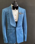 Vintage Blue Velvet Coat For Men Shawl Lapel Tuxedo Tailored Single Breast Suit 
