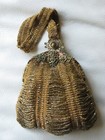 Antique Art Deco Gold Floral Frame Tan Knit Iridescent Red Bead Lined Purse