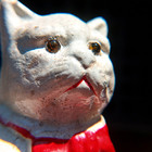 Vintage Painted Cat Piggy Bank Cast Iron Red Bow   Yellow Glass Eyes Doorstop 5 