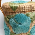 Vtg Handmade Straw Raffia Woven Basket With Handle   Lid Floral Boho Mcm