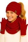 C c 3pc Ponytail Messy Bun Soft Warm Soft Ribbed Knit Beanie Gloves Scarf Set