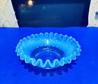 Vintage Fenton-blue Opalescent Hobnail Crimped Edge Dish  5 5    w  X 2    h     