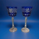 2 Bohemian Crystal Cobalt Blue Cut To Clear Glass Wine Goblets 