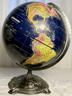 Vintage Globemaster World Globe Replogle  12  W Embossed Metal Base Black Ocean
